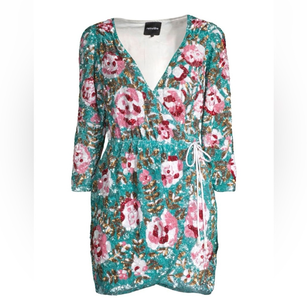 Retrofete Blue Floral Pattern Sequin Embellished Crepe Wrap Dress S - NWT - Picture 15 of 15